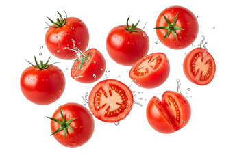 Fototapeta premium Fresh Tomatoes Collection Displayed Against Black Backdrop Showing Whole and Halved Ripe Tomatoes with Water Droplets
