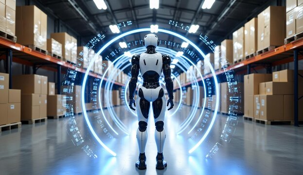 Robot in a Warehouse with Futuristic Interface - Powered by Adobe