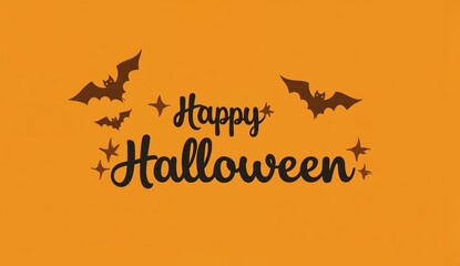 Happy Halloween text with bats on an orange background