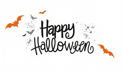 Happy Halloween text with decorative bats on a white background