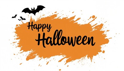 Happy Halloween text on an orange splash background with bats flying