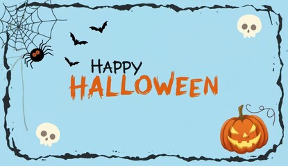 Happy Halloween greeting card with pumpkins, skulls, and spiders on a blue background