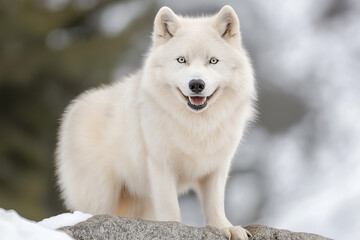 Obraz premium Husky dog in the snow with white fur smiling outdoors in winter wilderness