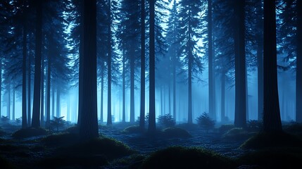 Exploring Dark Forest with Tall Trees and Misty, Atmospheric Background