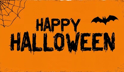 Happy Halloween text with bat and spiderweb on orange background