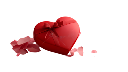 Red heart shaped gift box tied with ribbon and pink petals isolated on transparent background