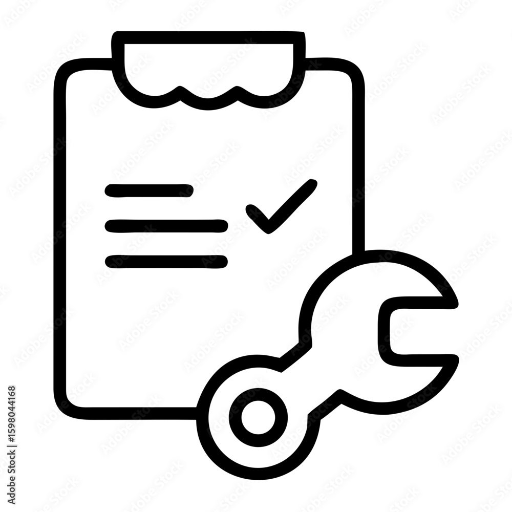 Poster a clipboard with a checkmark and lines next to a wrench tool representing repair list task done
