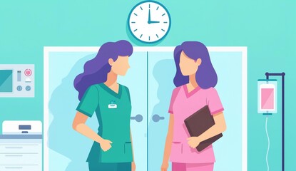 Two healthcare professionals in a medical setting, one holding a clipboard and the other gesturing towards a door.