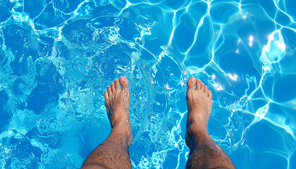 Man feet dipping into clear blue swimming pool. Summer vacation.