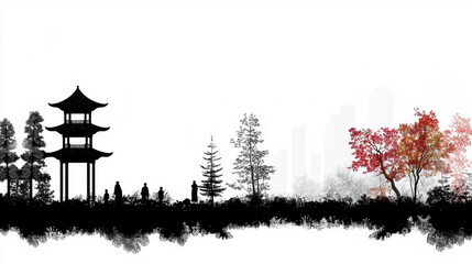serene landscape featuring traditional pagoda, silhouetted figures, and trees, blending nature with urban elements, evokes tranquility