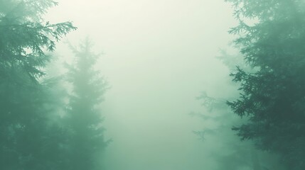 Foggy Forest Scene with Evergreen Trees Creating an Eerie Atmosphere
