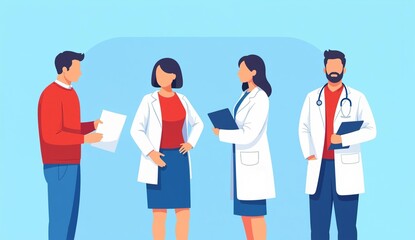 Medical professionals in lab coats discussing with a patient, holding documents and clipboards.