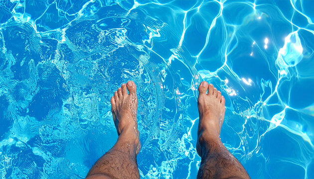 Man feet dipping into clear blue swimming pool. Summer vacation.