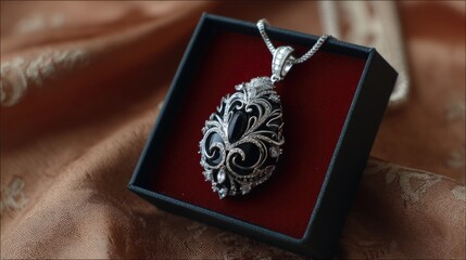 Ornate black gemstone pendant with silver filigree.