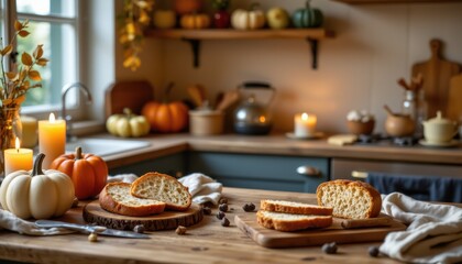 Fototapeta premium a kitchen scene with freshly baked bread and fall candles creating a warm home baking atmosphere