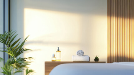serene spa scene featuring calming elements like essential oils, soft towel, and small plant, creating peaceful atmosphere