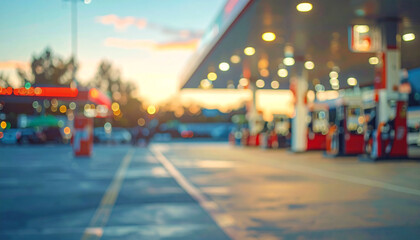 Blurred backdrop of gas station area.