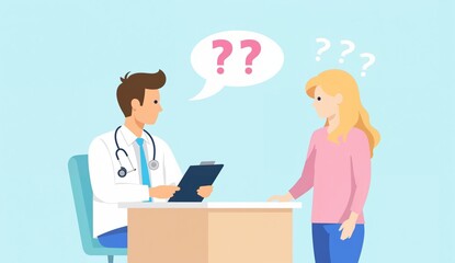 Doctor and patient discussing medical concerns with question marks indicating confusion or inquiry.