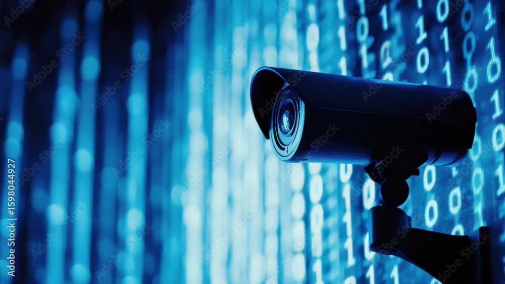 Poster security camera monitoring digital data with binary code in background for cybersecurity conceptual 