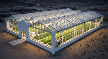 Night-lit greenhouse in desert, cultivating lush green plants under artificial lights.