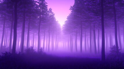 Mystical Purple Forest Path with Fog and Tall Trees at Dusk