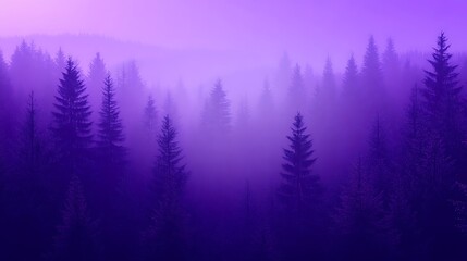 Misty Forest Landscape in Purple Hues with Evergreen Trees