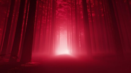 Mystical Red Forest with Tall Trees and Foggy Path Clearing