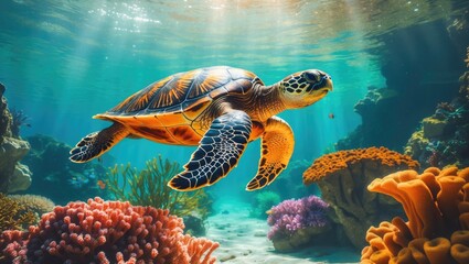 Fototapeta premium A sea turtle swimming among colorful coral reefs underwater. Marine life and underwater ecosystem, conservation, and biodiversity. The concept of oceanic ecosystems and aquatic animals.
