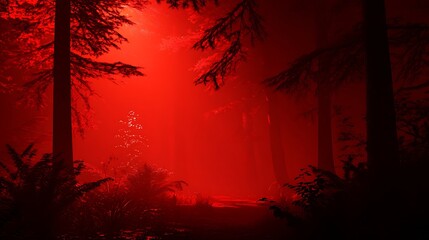 Walking Through Foggy Forest with Red Light Glowing at the End