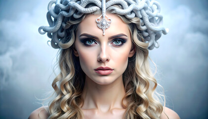 Beautiful snake-headed Medusa looking forward