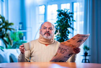 Senior Indian man with newspaper and tea at table during quiet morning routine at home