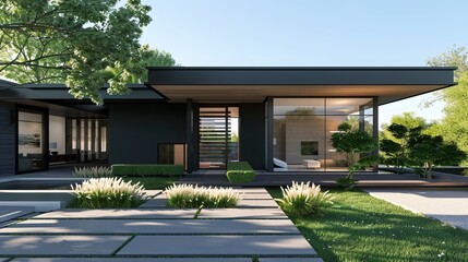 Modern home's front door opens to reveal a sleek staircase and an inviting porch.