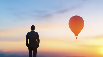 man in suit stands against sunset, gazing at colorful hot air balloon floating in sky, evoking sense of wonder and aspiration
