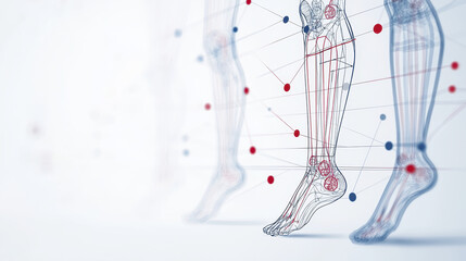 visual representation of human leg anatomy with interconnected lines and nodes, illustrating biological structures and connections