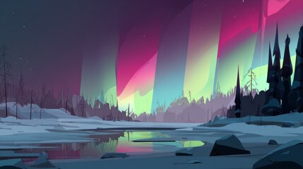A winter landscape with a vibrant aurora borealis