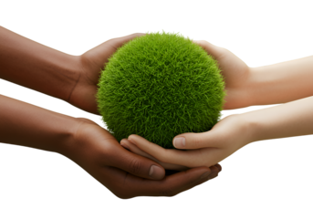 3D Render of Diverse Hands Holding Green Grass Sphere