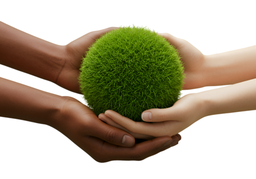 3D Render of Diverse Hands Holding Green Grass Sphere