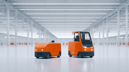 Naklejka premium Modern orange industrial forklifts and automated vehicles in bright warehouse facility for logistics distribution storage and cargo transport operations.