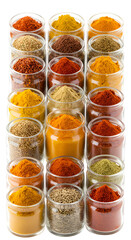 Assortment of Colorful Spices in Glass Jars Isolated