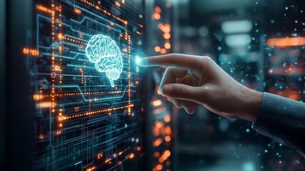 A hand interacts with a glowing brain graphic on a screen within a server room, representing AI and data - Powered by Adobe
