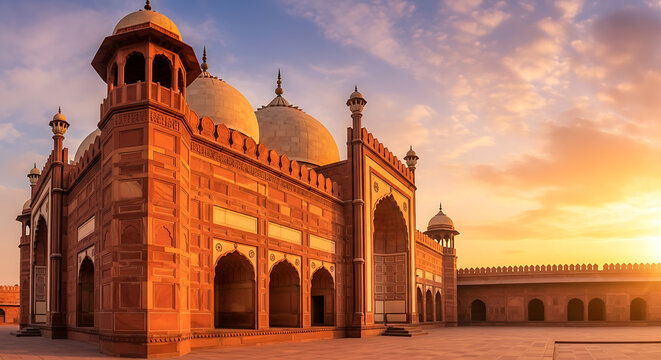 A scenic view of the badshahi mosque in lahore pakistan during a vibrant sunset with clouds