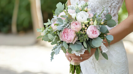 beautiful bridal bouquet featuring pink peonies, white roses, and greenery, perfect for wedding celebration. arrangement exudes elegance and