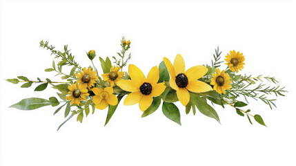 Bright yellow flowers arranged with green leaves create vibrant and cheerful botanical display, perfect for adding touch of nature to any design