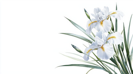 Beautiful white irises with green leaves create serene and elegant botanical composition, perfect for nature lovers