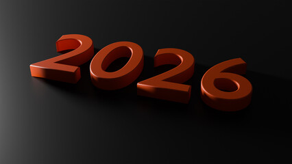 Red volumetric numbers 2026 on a black background, 3D visualization of the year, the concept of the future, plans, calendar, strategy