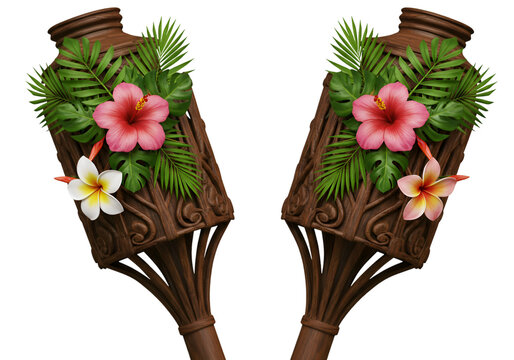 3D Render: Two Ornate Tiki Torches With Tropical Flowers On A Transparent Background