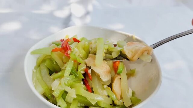 Stirfried chayote vegetables or sauteed pumpkin with sliced shrimp meatballs in indonesia named Tumis labu siam on a white bowl. Delicious Indonesian cuisine.