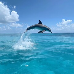 Breaching dolphin in sea with trees behind high resolution picture © Joydeb