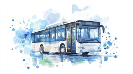 watercolor illustration of city bus, showcasing its sleek design and vibrant colors against splash of blue and green hues. artwork captures