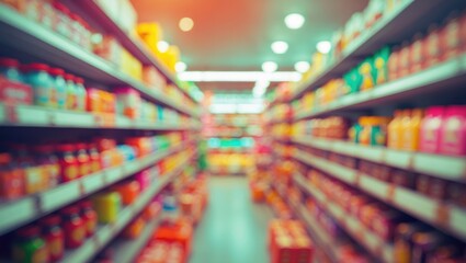 Blurred supermarket aisle with shelves of various products, vibrant colors, and bright lighting.